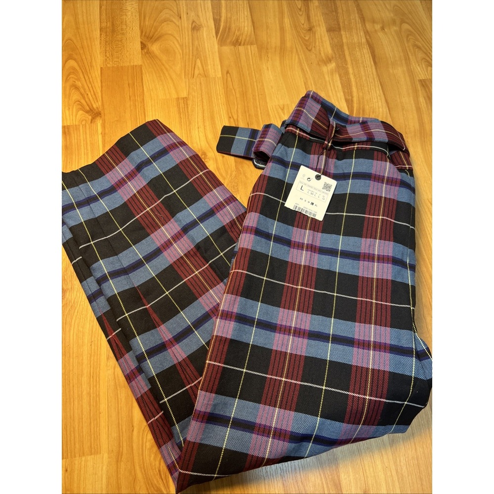 NWT ZARA ANKLE SIZE L GRAZER HIGH RISE BELTED PLAID PANTS TROUSERS RISE 14.5 In.